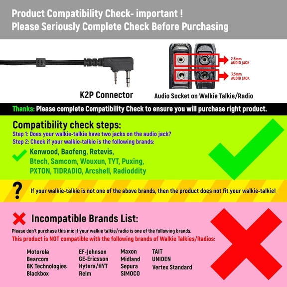 ASIASN-2 Pin Walkie Talkie Earpiece Compatible with UV-5R BF-F8HP BF-888S, Kenwood TK3230 with PTT Mic Two Way Radio Headset