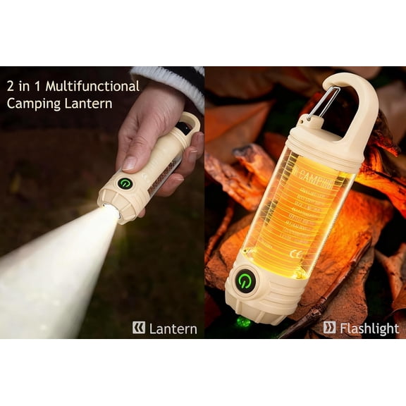 ASIASN-2-in-1 LED Camping Lanterns and flashlights for Hurricane, Hiking, Home, Emergency, Rechargeable Camping Lantern with 6 Lighting Modes, IPX4 Waterproof, Compact Design, One-Hand Hold,Beige