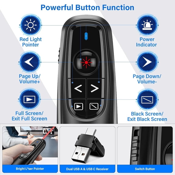 ASIASN-2-in-1 USB Type C Presentation Clicker, Wireless Presentation Clicker PowerPoint Presenter Remote with Volume Control, Powerpoint Clicker with Slide Advancer for Computer/Laptop/Mac