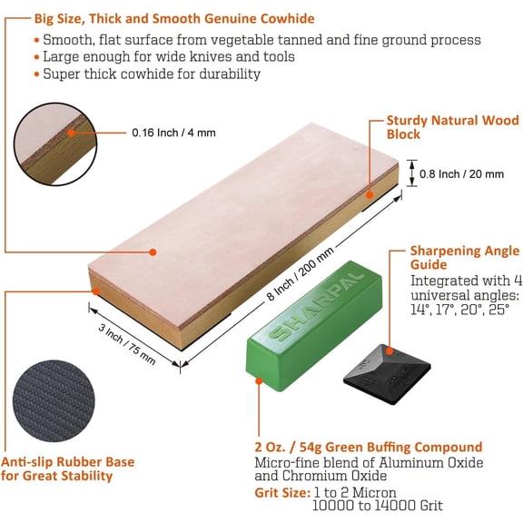 ASIASN-204N Leather Strop (Genuine Cowhide) 8" x 3" Kit with 2 Oz. Polishing Compound & Angle Guide, Knife Stropping Block for Sharpening & Honing Knives, Straight Razor, Woodcarving Chisels