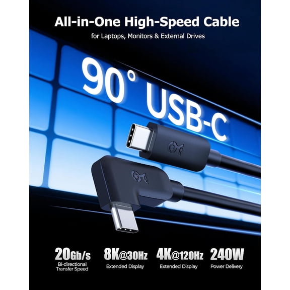 ASIASN-20Gbps Right Angle USB C Cable - 6ft, Supports Up to [8K@30Hz / 4K@120Hz Video, 240W Charging, 20Gbps Data Transfer] 90 Degree USB C Cable, Right-Angle USBC to USBC Cord