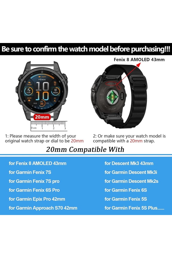 -20mm Sport Nylon Watch Bands Compatible with Garmin Fenix 8 AMOLED 43mm/Fenix 7S Pro/ 7S/ 6S Pro/ 6S/ 5S plus/ 5S,Quickfit Watch Strap for Descent Mk3/Mk3i-43mm/Mk2s/epix Pro/Approach S70 42m