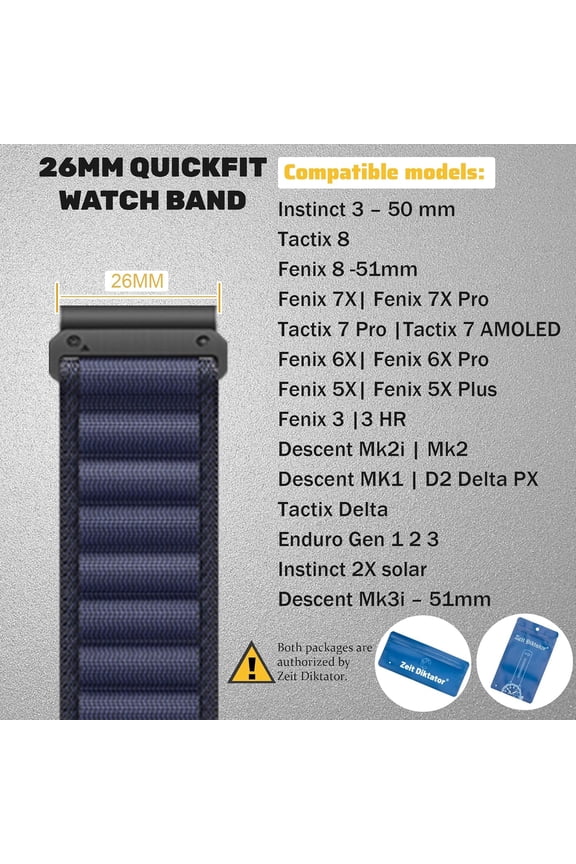 -26mm Quickfit Watchbands Compatible With Garmin Fenix 8 51mm 7x 6x Pro Tactix 7 pro 5x plus Enduro 3 2,Alpine Loop Nylon Watch Bands For Fenix 3/3HR MK2 Delta For Men-Large