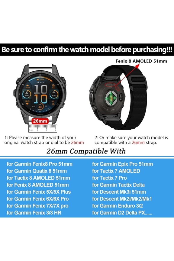 -26mm Sport Nylon Watchbands Compatible with Garmin Tactix 8/Fenix 8 pro AMOLED-51mm/Fenix 7X Pro/ 6X Pro/ 5X Plus/3 HR,Quickfit Strap for Quatix 8 51mm/Enduro 3 2/Descent Mk3i-51mm/Mk2i