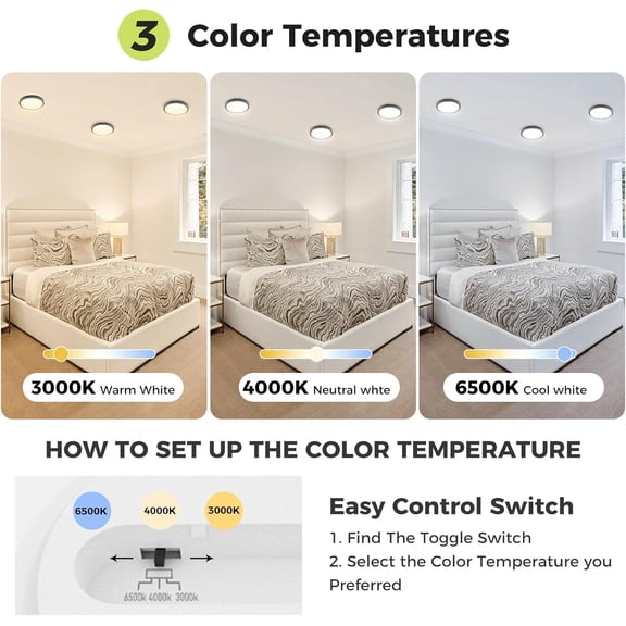 ASIASN-2PACK Flush Mount LED Ceiling Light Fixture - Black, 6.5Inch 12Watt, Dimmable & 3000K-4000K-6500K 3 Color Selectable Ceiling Lamp - 1200LM Low Profile Light for Kitchen, Bedroom, Hallway, Porc