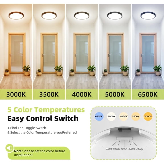 ASIASN-2PACK Flush Mount LED Ceiling Light Fixtures 5 Color Temperatures in One &100W Equivalent Flat Bathroom ceiling light,7Inch 15W Thin Round Black Surface Flushmount fixture for Closet,Bedroom,K