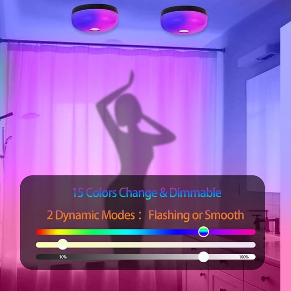 ASIASN-2PACK Rechargeable LED Shower Light with Remote, 15 RGB Colors Mood Lighting Without Wiring,Dimmable Ceiling Light for Bathroom Living Room Closet Bedroom