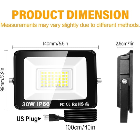 ASIASN-2PCS Outdoor LED Floodlights 30W 3000LM, Flood Lights with Plug, LED Security Lights 6000K Cold White Job Site Work Lamp IP66 Waterproof for Garden Garage Yard Lawn Court Workshop Patio