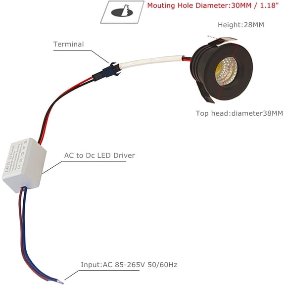 ASIASN-2Pack 3W Mini Spotlights AC 110V 220V Recessed Ceiling Showcase Display Under-Cabinet Lights Fixture 3000K Warm-White with LED Power Supply Driver