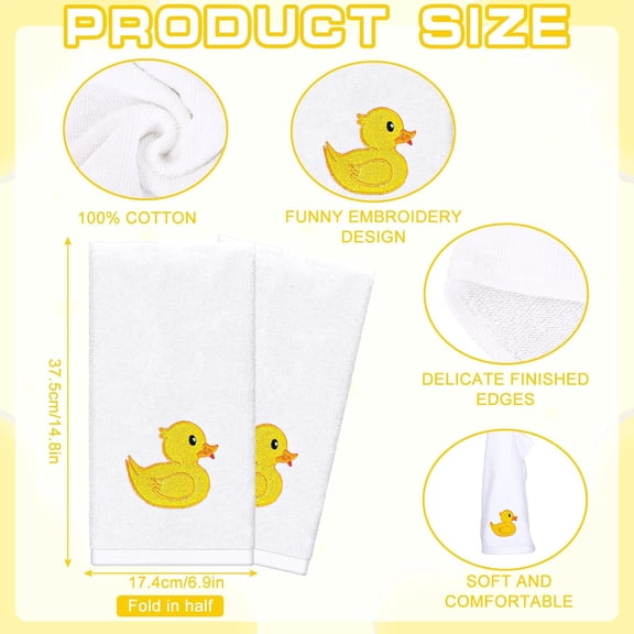 ASIASN-2Pcs Rubber Ducky Hand Towels Cotton Embroidered Bathroom Towels Yellow Duck Absorbent Bath Towels for Hand Drying Cleaning Cooking, 29.5 x 13.7 Inch