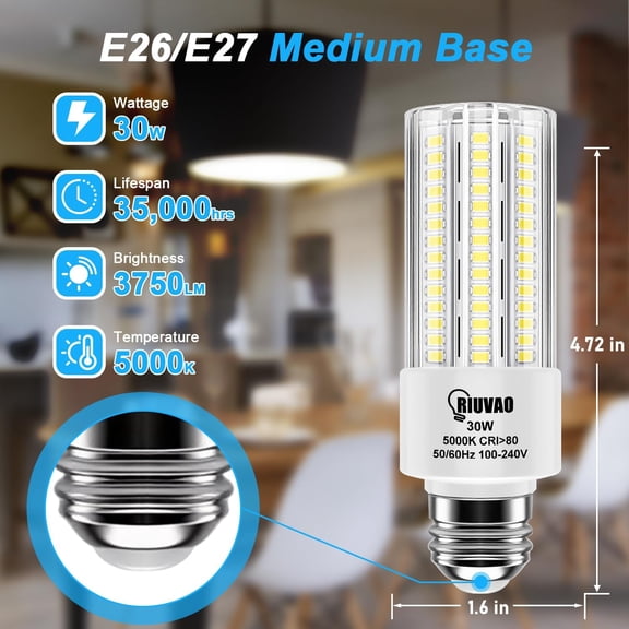 ASIASN-2pack Led Light Bulb, Equivalent 250w Led Light Bulbs 30w 3750 Lumen Super Bright 5000K Cool Daylight White led Bulb E26/E27 Medium Base for Home Garage Indoor