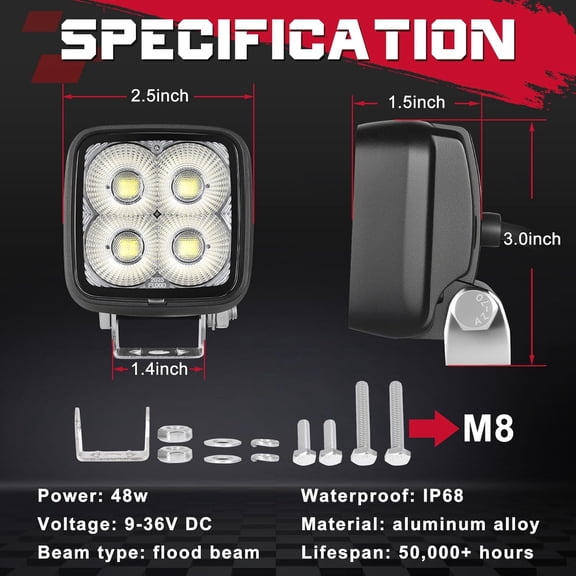 ASIASN-2pcs 2.5 Inch Square LED Pods 180 Flood Beam Tractor Work Lights 48W LED Pod Lights Mini Pod Cube Bumper Light for Motorcycle Truck Pickup Backup Reverse SUV ATV UTV