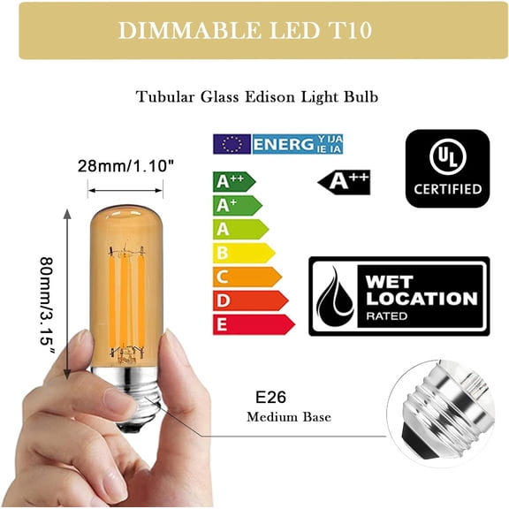 ASIASN-3.2 Inch 2200K Amber White E26 LED Bulb 60 Watt Equal, AC 120V 600LM Edison Bulbs Dimmable, 6W T10 T30 Tubular Filament Light Bulbs Glass for Fan Pendant Wall Light, UL Certified-4 Pack
