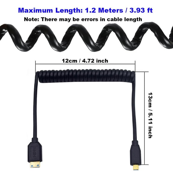 ASIASN-3.9ft UHD Mini HDMI to Micro HDMI 8K Coiled Cable, 90 Degree Down Angle Micro HDMI 2.1 to Straight Mini HDMI 2.1 Adapter Converter Spring Spiral Cable, 3D 48Gbps, Support 8K@60Hz 4K@120Hz