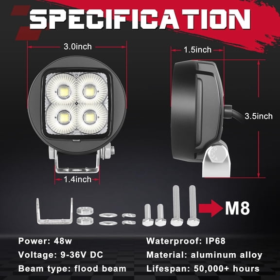 ASIASN-3 Inch Round LED Pods 2pcs 48W Work Lights Tractor Work Lights 180 Flood Beam Bumper Light Mini LED Pod Cube for Truck Pickup Backup Reverse Motorcycle ATV UTV SUV