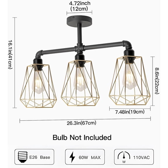 ASIASN-3-Lights Modern Semi Flush Mount Ceiling Light Gold,Industrial Hallway Light Fixtures Ceiling Mount Farmhouse Chandelier Ceiling Light for Kitchen Island Dining Room Hallway Porch Foyer.