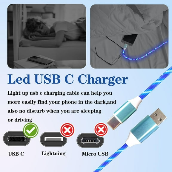 ASIASN-3 Pack Led USB C Charging Cable Light Up Type C Charger LED Light Up Fast USB-C to USB-A Charge Cord Compatible with Samsung Galaxy S23 S22 S21 S10 S9 Plus Note 20 10 Pixel(6.6FT,Blue&Colourfu
