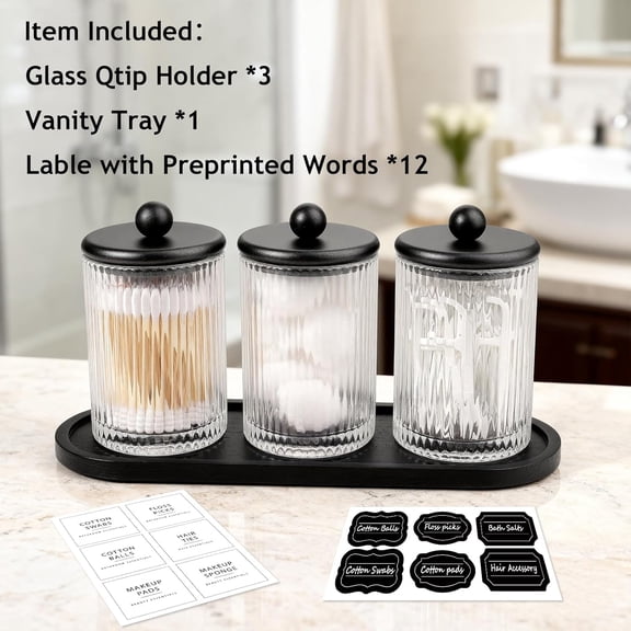 ASIASN-3-Pack Matte Black Glass Apothecary Jars with Bamboo Tray - Modern Industrial Bathroom Organizer Set for Cotton Rounds, Swabs & Flossers - Minimalist Vanity Storage Canister