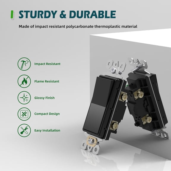 ASIASN-3-Way Decorator Light Switch, Paddle Rocker Switch with Wallplates, 15A 120/277V Electrical Wall Switches, Self-Grounding, Residential Grade, ETL Listed, Black, 10 Pack