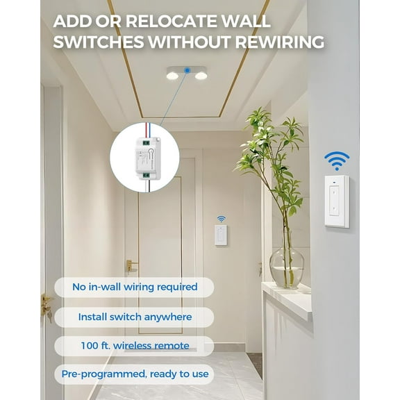 ASIASN-3 Way Wireless Light Switch and Receiver Kit, Wireless Light Switch with 2 Receivers for Ceiling Light, Fan, Lamp, Moveable, 100FT RF Range, No Wiring, No Interference W06RC2106