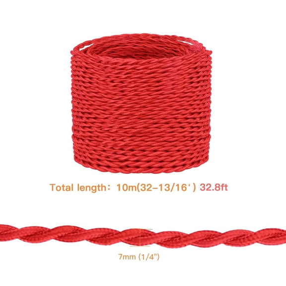 ASIASN-32.8ft Twisted Cloth Covered Wire, Red 182 Cloth Covered Electrical Wire, 18 Wire Gauge 2-Conductor Fabric Covered Lamp Cord, Vintage Twisted Cloth Covered Wire, for DIY Projects (Red)