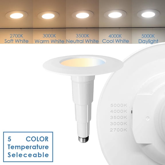 ASIASN-4 Inch 5CCT LED Can Lights Adjustable Recessed Retrofit Downlight,Recessed Lighting CCT Selectable 2700K/3000K/3500K/4000K/5000K,6W=40W,500LM,Dimmable,E26 Screw Base,Bevel Trim,1-Pack.