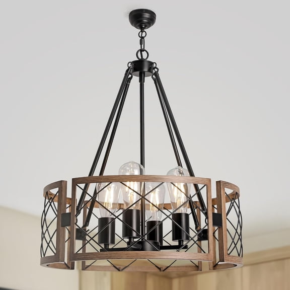 ASIASN-4-Light Drum Chandelier Ceiling Light Wood Grain Finish,Rustic Ceiling Light for Hallway Kitchen Entryway Foyer Laundry Room.