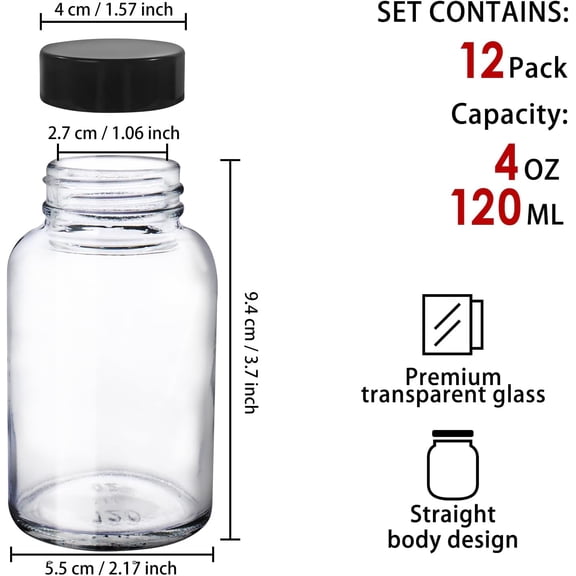 ASIASN-4 OZ Glass Shot Bottles with Caps, 12 Pack 120 ML Empty Juicing Bottles with Screw Lids and Labels, Reusable Airtight Glass Jars for Juice, Ginger, Wellness Shots