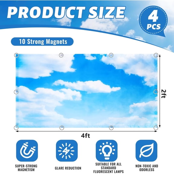 ASIASN-4 Pack Fluorescent Light Covers 4 x 2 Feet Magnetic Light Cover for Drop Ceiling, Fluorescent Ceiling Shade Filters for Office Classroom Home Hospital Decor(Cloud, Blue Sky)