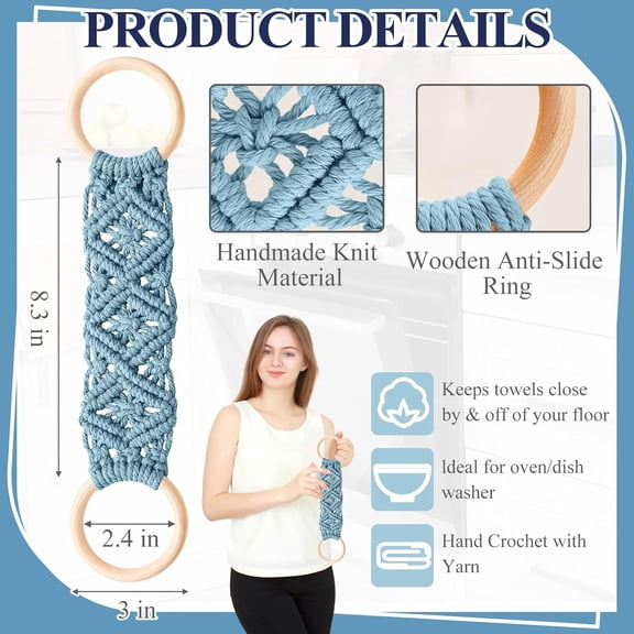 ASIASN-4 Pcs Kitchen Dish Towel Holder Gifts for Valentine Boho Handmade Crochet Hanging Towels Loop Ring Knit Towel Hanger for Cabinet House Oven Stove Door, 4 Colors(Blue)