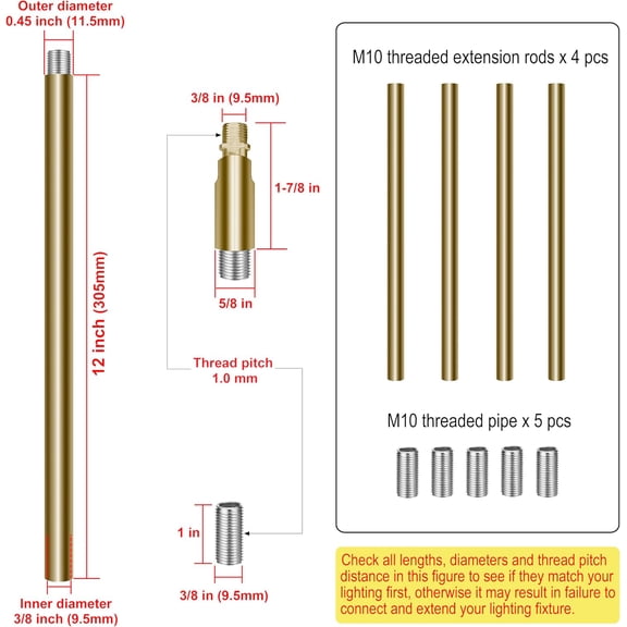 ASIASN-4 Pieces 12-inch M10 Threaded Extension Poles Lighting Fixture Downrods Stems & 180 Degrees Sloped Ceiling Adapter Kits for Pendant Light, Island Lighting, Chandeliers (Brass)