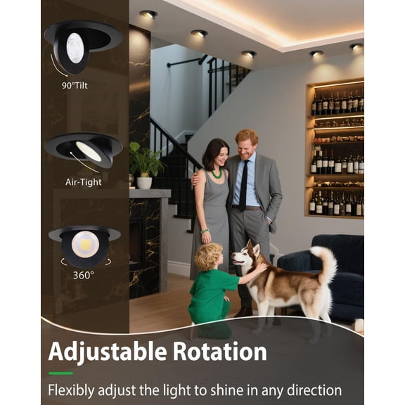 ASIASN-4 inch 5CCT Gimbal Black Led Recessed Lights, 360+90 Adjustable Directional Recessed Lighting, 2700K-5000K Dimmable Retrofit Eyeball Can Lights with Jbox, ETL&Energy Star(Black,1 Pack)