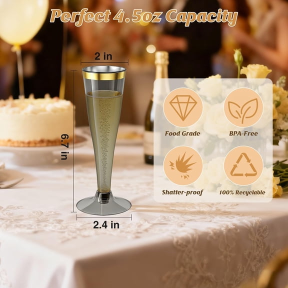 ASIASN-40 Pack Champagne Flutes Plastic Wine Glasses Disposable, 4.5 Oz Black Gold Rim Mimosa Glasses for 2026 Wedding Birthday Valentine Day Party Supplies, Bulk Toasting Cocktail Cups