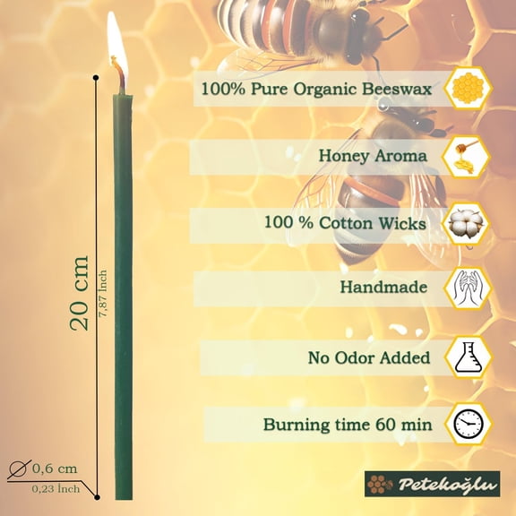 ASIASN-40 Pieces Pure Beeswax Candles - No-Drip, Smoke-Less, Tall, Thin Taper Decorative Candles for Church Prayer, Decor or Birthday Candles  Honey Scented Candles  7.9x0.26 (Green)