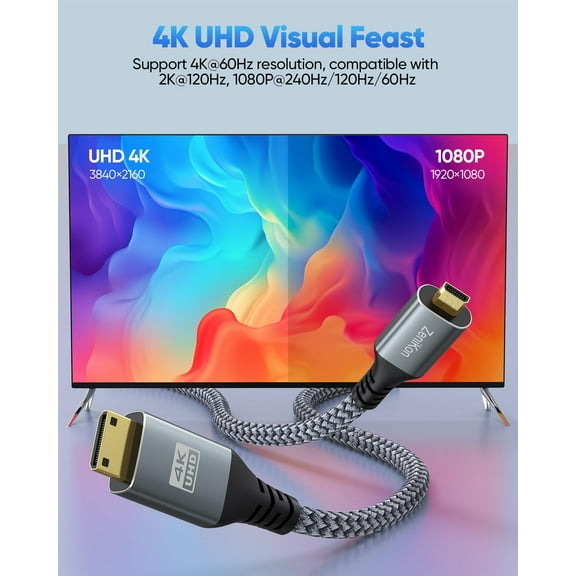 ASIASN-4K Micro HDMI to Mini HDMI Cable 6FT for Raspberry Pi 5/4 Camera to Portable Monitor, High Speed Mini HDMI Type C Male to Micro HDMI Type D Male Cable Braided Cord 4K@60Hz, 2K, 1080P, 3D