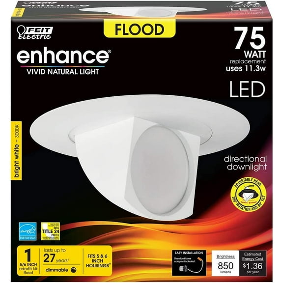 ASIASN-5-6 inch Adjustable Scoop Recessed LED Downlight, 3000K Bright White, Dimmable, 75W Equivalent, 45 Year Life, 850 Lumen, High CRI, LEDR56SCP/930CA