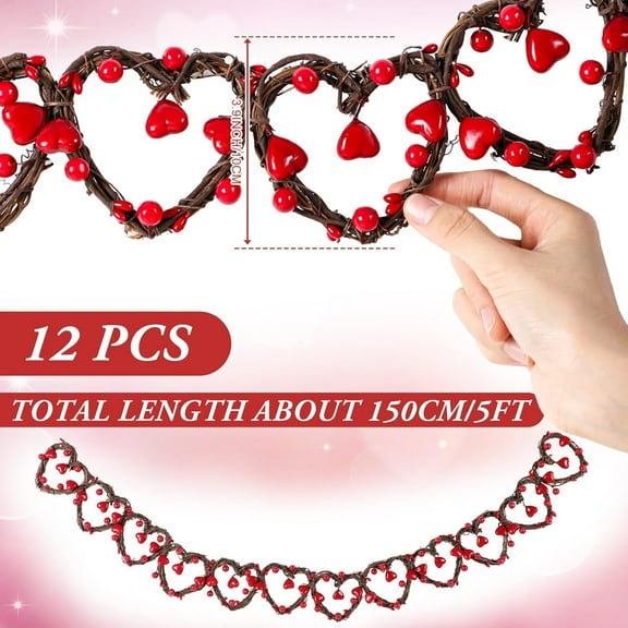 ASIASN-5 Feet Valentines Grapevine Garland Heart Star Natural Grapevine Twig Wreath Rustic Valentine's Day Wreath Decor for Valentines Farmhouse Wedding Dating Party Decor(Red Heart)