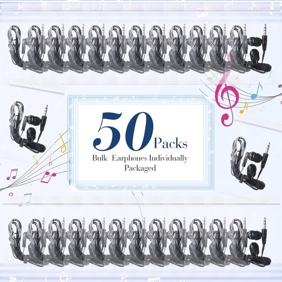 ASIASN-50 Pack Wired Earbuds Bulk for Classroom Ear Headphones Wired Basic Student Earbuds No Microphone with 3.5MM Jack for Class Laptop School Library, Individually Bagged (Black)