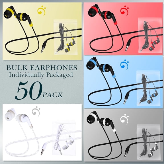 ASIASN-50 Pack Wired Earbuds Bulk for Classroom Ear Headphones Wired Basic Student Earbuds No Microphone with 3.5mm Jack for Class Laptop School Library, Individually Bagged (Multicolor)