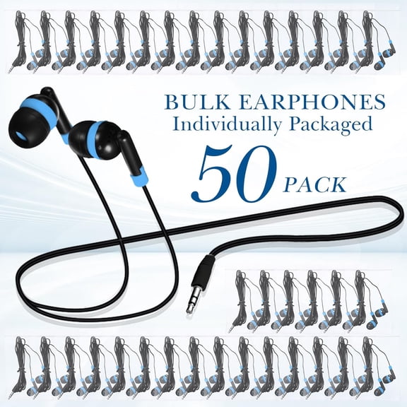 ASIASN-50 Pack Wired Earbuds Bulk for Classroom Ear Headphones Wired Basic Student Earbuds No Microphone with 3.5mm Jack for Class Laptop School Library, Individually Bagged (Blue)