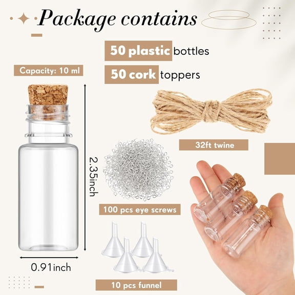 ASIASN-50 Packs Mini Plastic Bottles with Corks Stoppers Eye Screws Funnels Small Potion Bottles Tiny Clear Sand Art Jar Wishing Vial for Birthday Party DIY Crafts Gift (1 x 2.28 Inch)