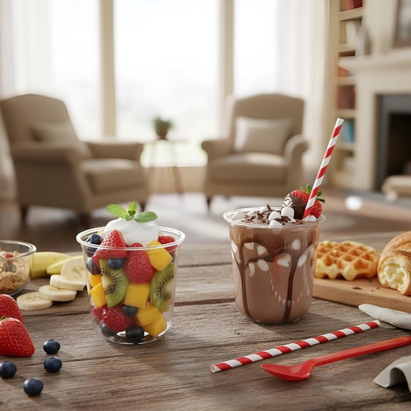 ASIASN-50 Set Root Beer Float Cups with Red Plastic Soda Spoons and Paper Straws Plastic Parfait Cups Disposable Stemless Glasses for Milkshake Ice Cream Cocktail Yogurt Party Drinks (12oz)