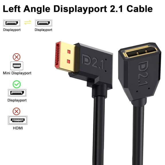 ASIASN-54Gbps Displayport Extension Cable 1.5FT, 90 Degree Left Angle, 16K@30Hz, 8K@120Hz, 4K@240Hz 165Hz, Displayport 2.1 Male to Female Cable Support HDR, HDCP for Gaming Monitor, TV, Graphics