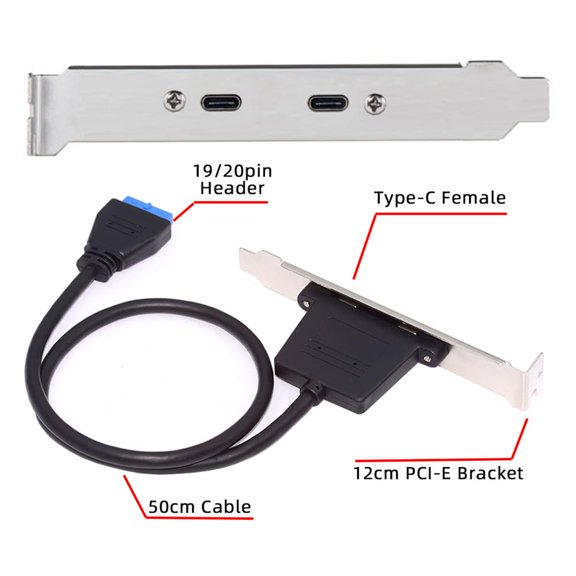 ASIASN-5Gbps 19/20Pin USB3.0 Motherboard to Dual Ports USB-C Type-C Female PCI-E Back Panel Cable 50cm