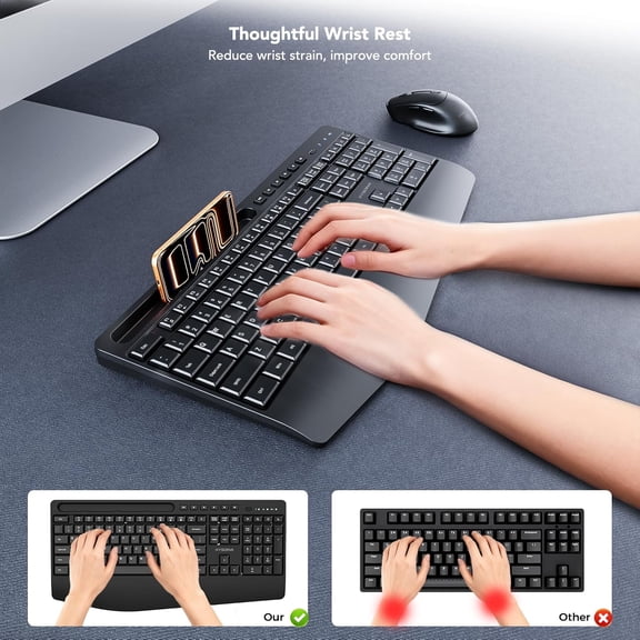 ASIASN-5th Gen Wireless Keyboard, 2.4G Full-Sized Cordless Ergonomic Keyboard with Wrist Rest, Phone ipad Holder, Adjustable Angle, Compatible with Laptop/PC/Mac/Windows, Black