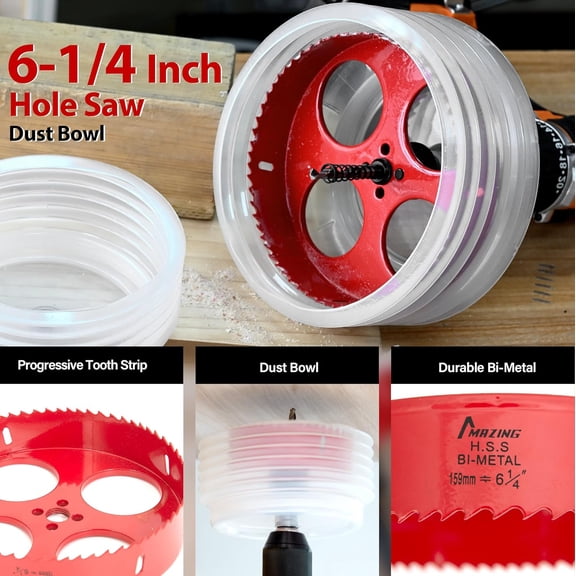 ASIASN-6-1/4 Inch Hole Saw Dust Bowl Kit, 6.25 Hole Cutter for Recessed Lights Can Lights 6 inch, 159mm Bi-Metal Hole Saw with Dust Catcher for Cutting Wood, Plastic, Ceiling, Drywall and Metal Sheet