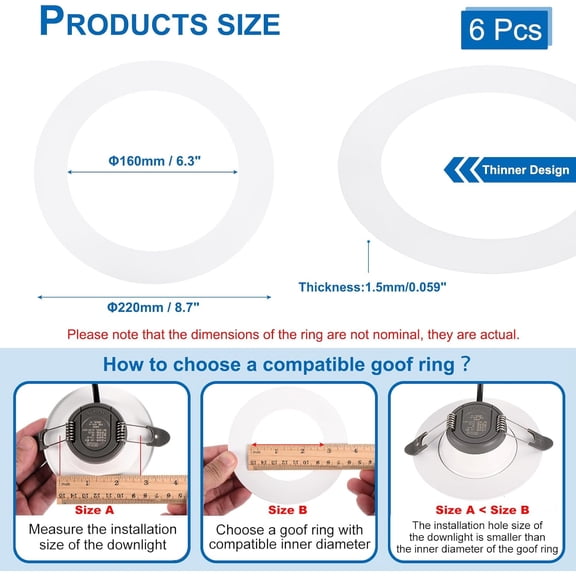 ASIASN-6.3" ID 8.7" OD Plastic Trim Ring, 6 Pcs Ceiling Light Goof Rings Matte Circular Light Cover Lighting Fixture for Ceiling Wall Recessed Can Downlights, Translucent Matte White