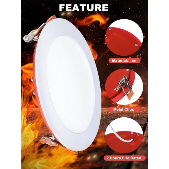ASIASN-6-Inch Fire-Rated Recessed Light-5CCT Selectable 2700k/3000k/3500k/4000k/5000k,12W with Junction Box,2 Hours Fire Rated,High Brightness,Dimmable,White,Pack1