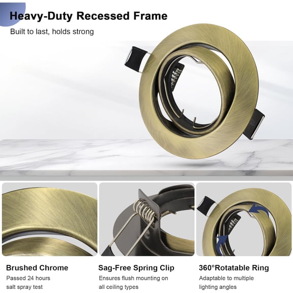 ASIASN-6 Pack Recessed Ceiling Downlight Fitting, Metal Downlight Frame for MR16 GU5.3 Bulbs, Adjustable Holder Applies to Artwork Cabinet, Antique Brass