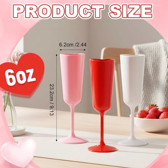 ASIASN-6 Pcs Valentine's Day Heart Plastic Champagne Flutes, 6 oz Galentines Toasting Champagne Flute for Wedding, Heart Shaped Plastic Goblets for Bachelorette Party Celebrations Supplies(Multicolor